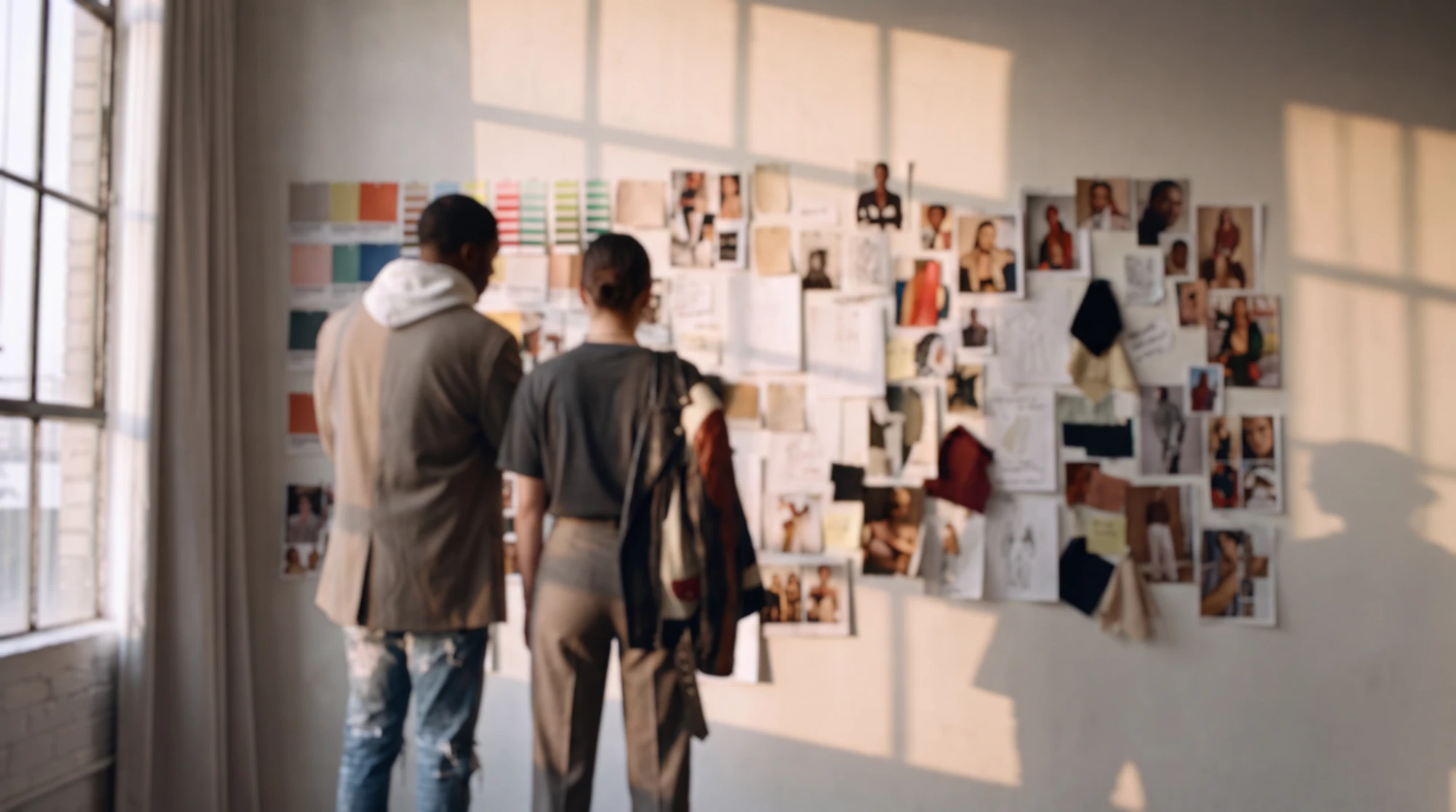 Two people standing at a studio wall covered in photographs, sketches and colour swatches, in late afternoon light